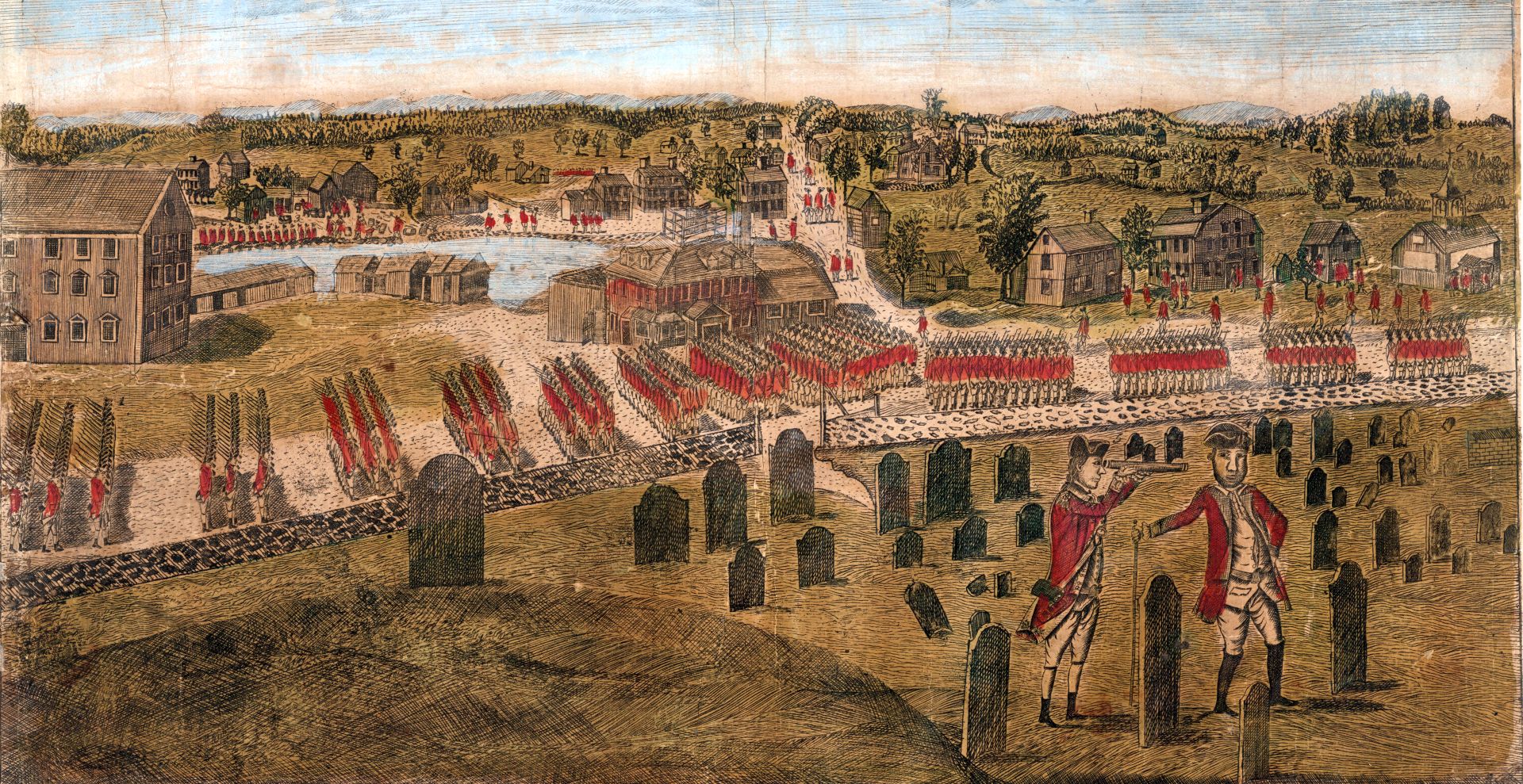 Amos Doolittle engraved this print of British soldiers marching into Concord as two officers survey the countryside from the Old Burying Ground, looking for illegal weapons. New York Public Library