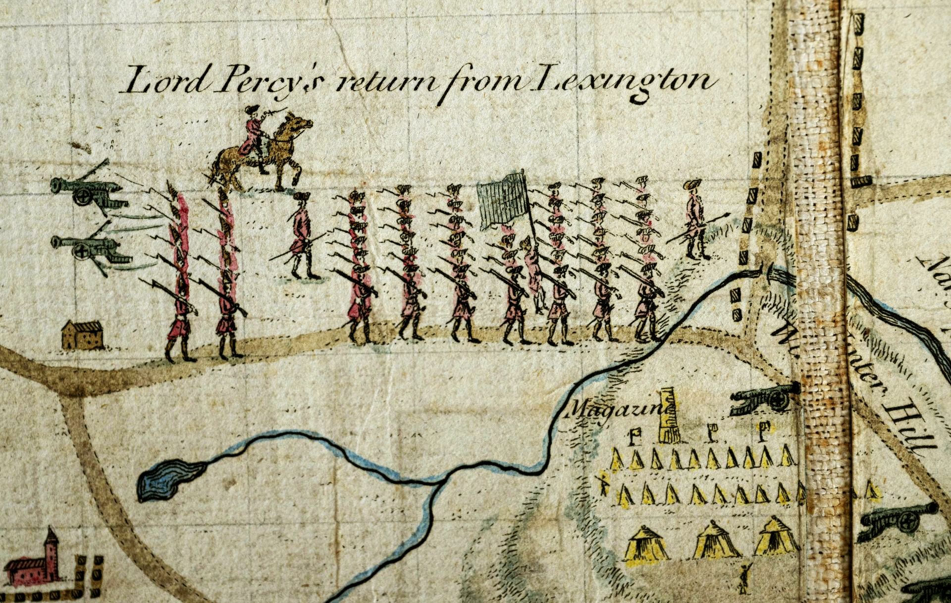 A detail on the Da Costa map shows Lord Percy leading his troops back to Boston.