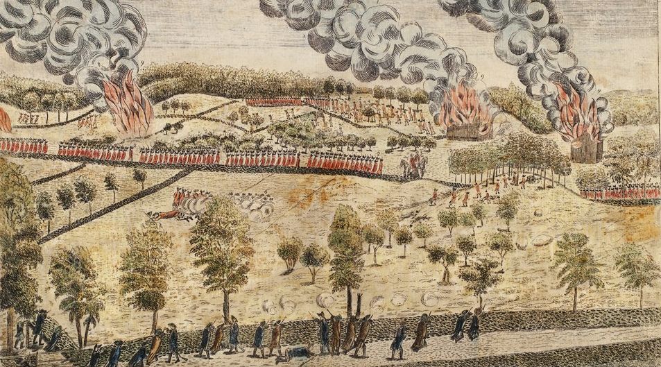 Shortly after the battle, Amos Doolittle created an engraving of the British troops returning to Boston surrounded by Colonial militia keeping up an incessant fire. Chicago History Museum
