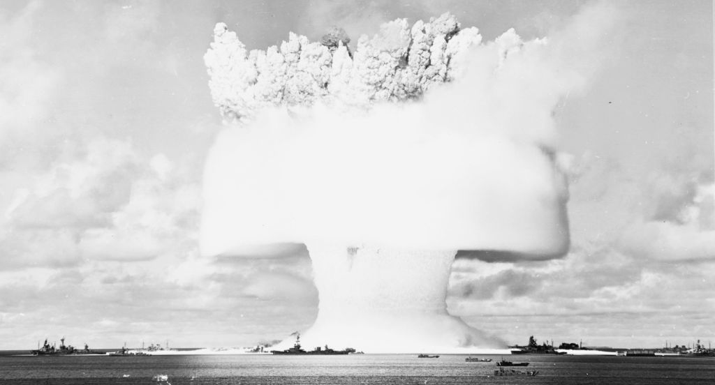 In her last duty, Nevada was the center target for the atomic bomb test at Bikini Atoll. One observer actually saw light under her hull as the entire ship was lifted out of the water.