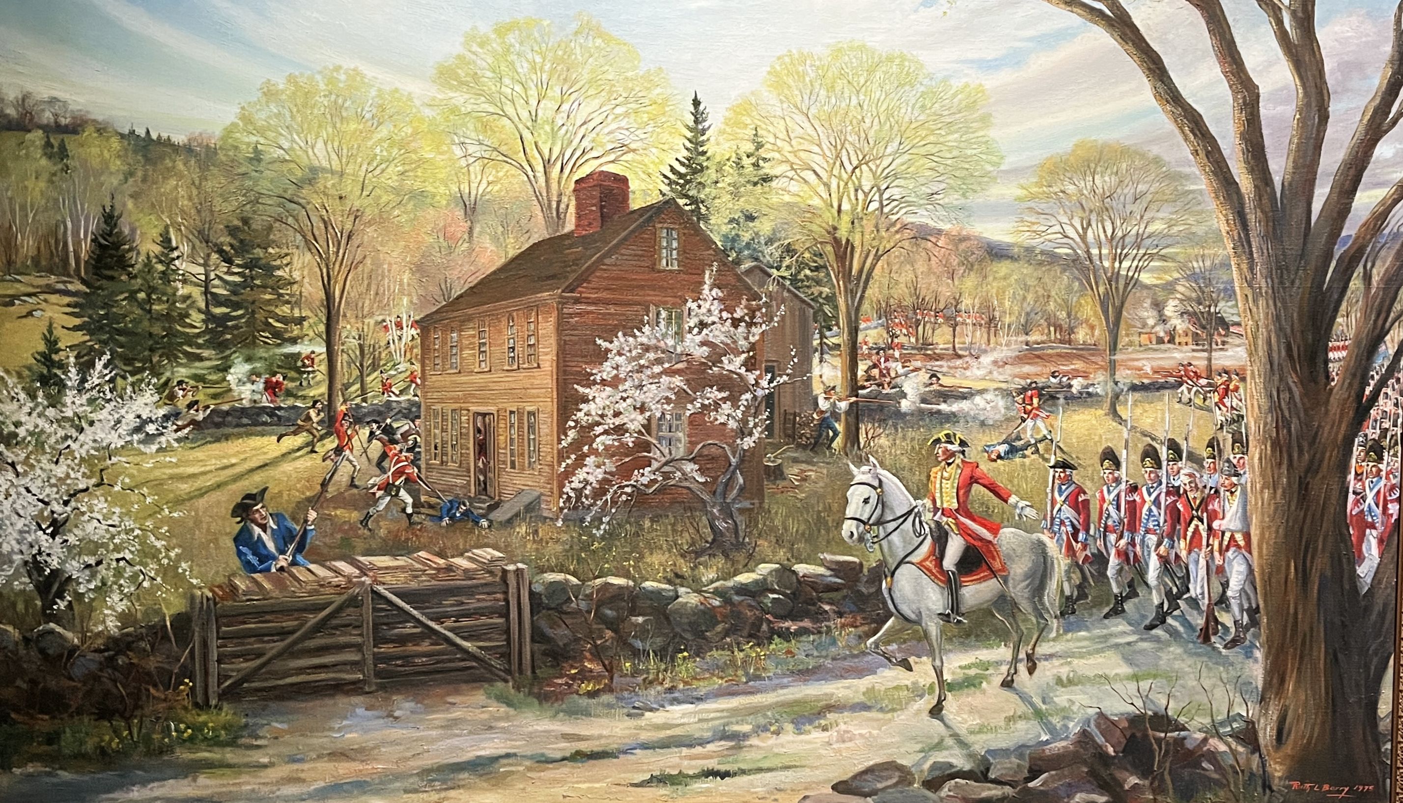 British troops march past Jason Russell House in Menotomy