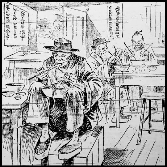 Chinese immigrants faced bigotry and humiliation from San Francisco to New York. In 1894 the St. Louis Republic published a cartoon of a Chinese man eating rat stew with one chop stick in each hand.