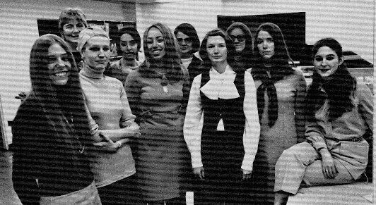 Plaintiffs in the landmark 1970 discrimination suit against Time, Inc. included the author, Ann Scott Crittenden, fifth from left. Others in the group were (left to right) Galen Moore,  LIFE; Marjorie Jack, Fortune; Elizabeth Frappollo, LIFE; Lauren Field, Time; Julia Lamb, Sports Illustrated; Rose Mary Mechem, Sports Illustrated; Patricia Beckert, Time; Sarah Brash, Time-Life Books; and Johanna Zacharias, Time-Life Books.